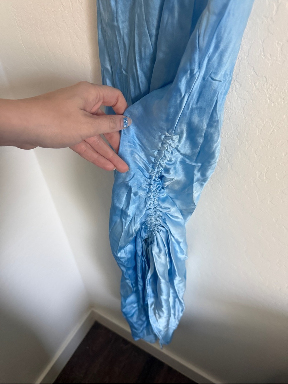 SVNR Vee Maxi Slip Dress Sky Blue 100% Silk Ruched - Picture 3 of 6